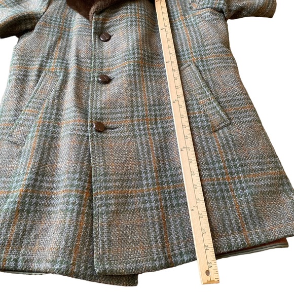 Tweed Vintage Topcoat 40 Wool Faux Fur Three Button Long Brown Lined Overcoat - Picture 9 of 11